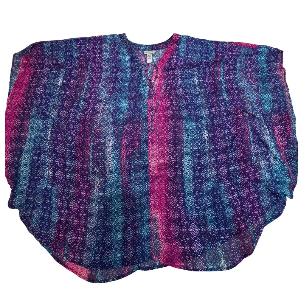 Catherines Womens 2X/3X Purple Geometric Print Sheer Poncho Kaftan Top